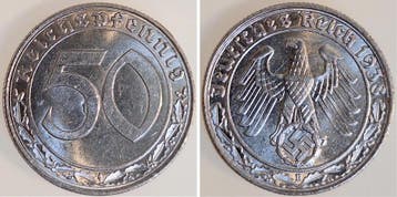 Duitsland 50 Reichspfennig 1938 E f prfr, zaponiert, Postzegels en Munten, Munten | Europa | Niet-Euromunten, Verzenden, België
