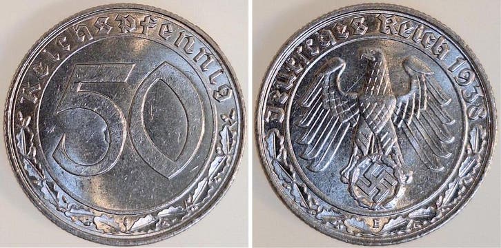 Duitsland 50 Reichspfennig 1938 E f prfr, zaponiert, Postzegels en Munten, Munten | Europa | Niet-Euromunten, België, Verzenden
