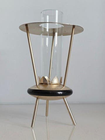 Kaarsenhouder - Messing, Hout - Gouden bezoeker uit het, Antiek en Kunst
