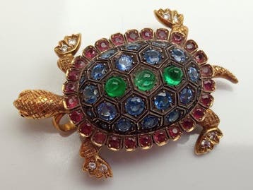 Broche - 18 karaat Geel goud Smaragd - Saffier