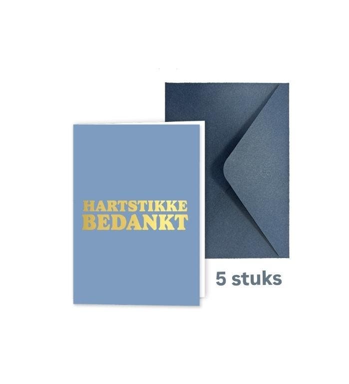 5 Gevouwen wenskaarten - Hartstikke Bedankt - goudfolie, Diversen, Wenskaarten, Nieuw, Verzenden