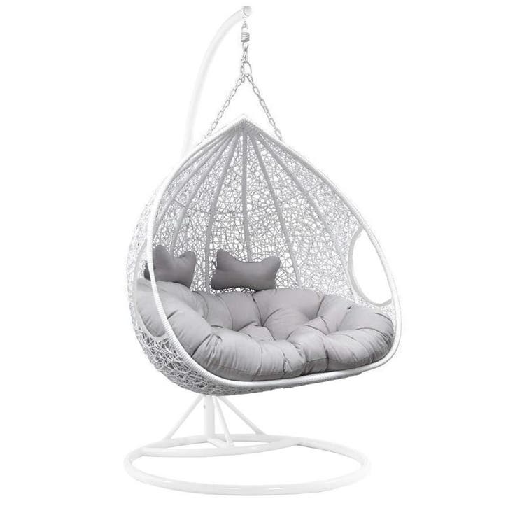 Hangstoel 2 pers. | Wit-Grijs | Nieuw | Scherpe Prijs, Tuin en Terras, Hangmatten, Met standaard, Buiten, Nieuw, Meerpersoons