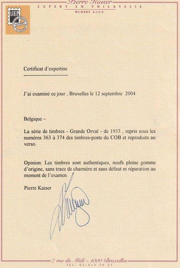 België 1933 - Grote Orval met CERTIFICAAT Kaiser - OBP/COB, Timbres & Monnaies