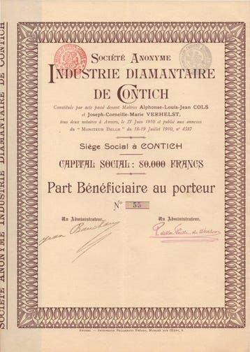 Belgique. 5 x Diamant aandeel 1910 -1 974 (Sans prix de