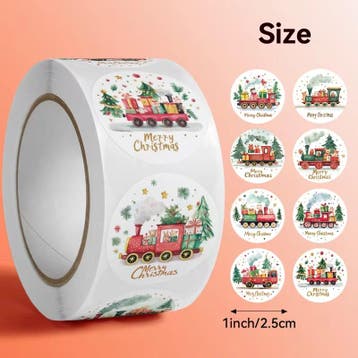 Sluitstickers kerstetiketten merry christmas kersttrein rond, Nieuw