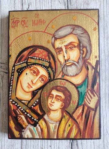 Icoon - Heilige Familie - Jozef, Maria en Jezus - Hout -, Antiek en Kunst