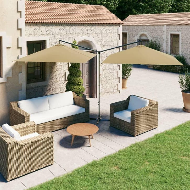 vidaXL Parasol dubbel met stalen paal 600x300 cm taupe, Tuin en Terras, Parasols, Nieuw, Verzenden