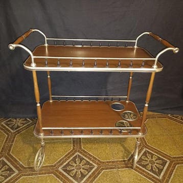 Serveerwagen - hout, messing - Vintage serveertrolley