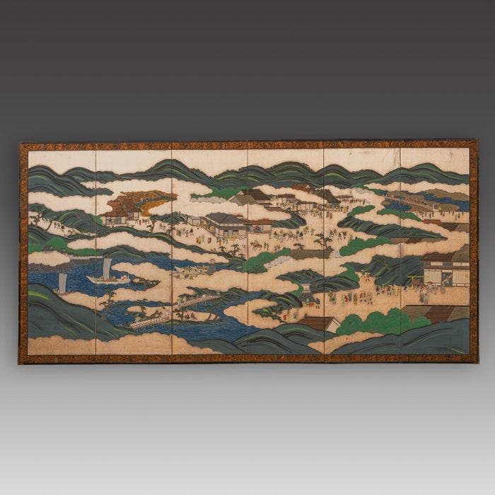 Byôbu  (vouwscherm) - Zijde, Papier, Gelakt hout,, Antiek en Kunst, Antiek | Overige Antiek