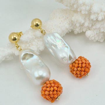 Corail rouge - Argent, Plaqué or - Boucles doreilles -