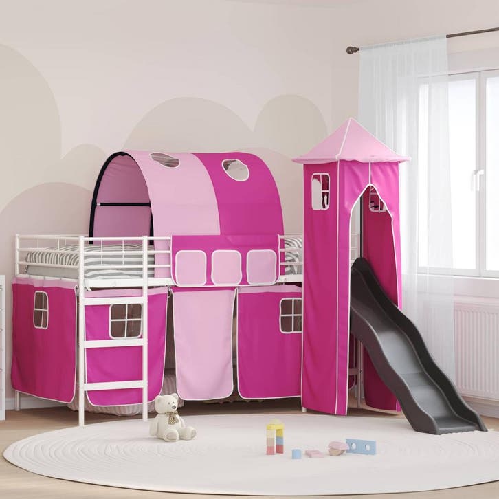 vidaXL Kidsloftbedframe Wit en roze 80 x 200 cm Metaal, Huis en Inrichting, Slaapkamer | Bedden, Nieuw, Verzenden