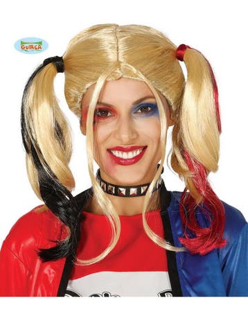 Harley pruik met blonde staarten en rood-zwarte accenten, Ophalen of Verzenden, Nieuw