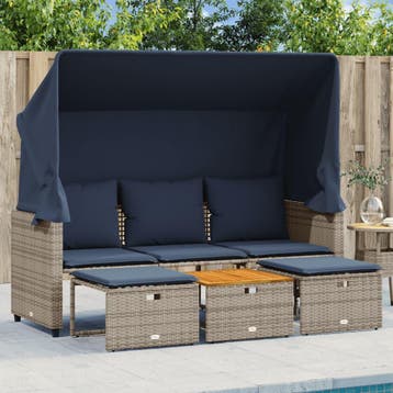 vidaXL Tuinbank 3-zits met luifel en krukken grijs polyrotan, Tuin en Terras, Verzenden, Nieuw