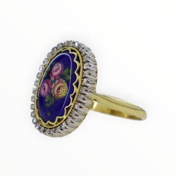 Ring - 18 karaat Geel goud - Diamant - Schilderij met smalti