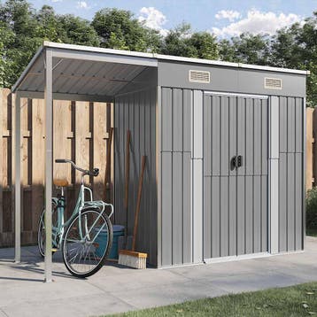 vidaXL Tuinhuis met verlengd dak lichtgrijs 277x107x181 cm, Verzenden