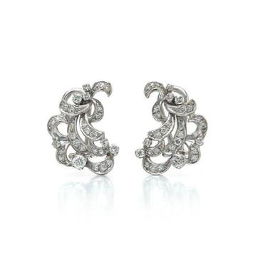 Oorbellen - 14 karaat Witgoud - Retro Diamant Scroll Clip-On, Nieuw