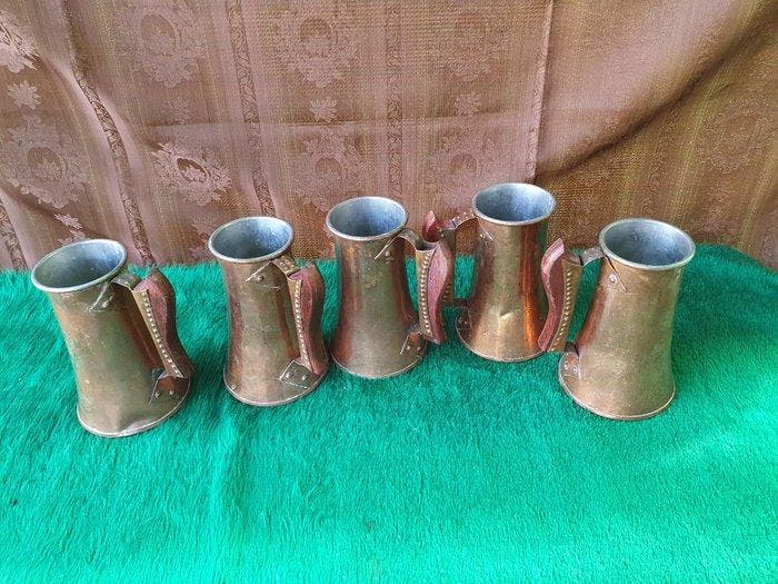 Bierpul (5) - Koper, Hout, Tin - Set koperen bekers, Antiek en Kunst, Antiek | Keukengerei