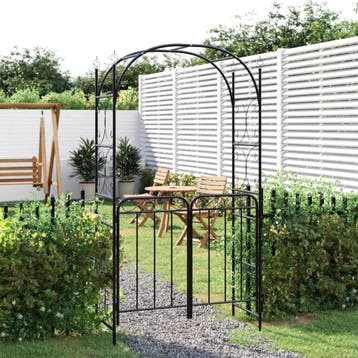 vidaXL Tuinboog met poort 108x45x235 cm staal zwart, Verzenden
