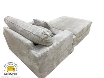 Fauteuil grijs in ribstof met poef – overstock, Verzenden, Nieuw