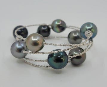 Bracelet - 18 carats Or blanc, Perles de Tahiti vert paon