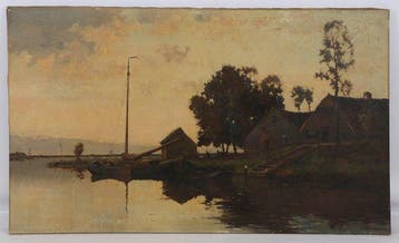 Nederlandse school (XX) - Boerderij aan het water met schip