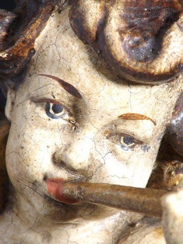 Figuur - Pair of Carved Wooden Musical Putti - 23 cm (2) -
