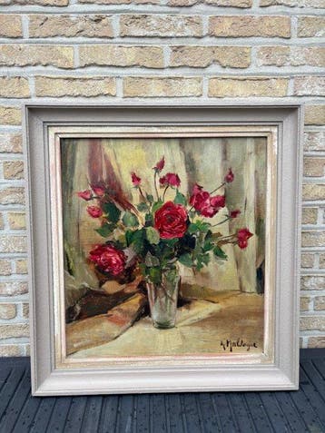 Agnie Maldague (1927-1993) - Vaas met roze rozen