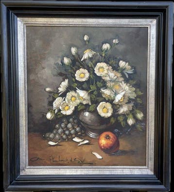 École européenne (XX) - Stilleven met witte bloemen, druiven