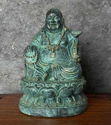 Statue, Lachende Boeddha 18 cm / 1.9 kg - 18 cm - Bronze, Antiek en Kunst