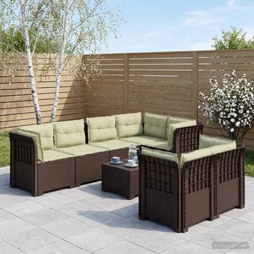 vidaXL 7-Zits Tuinbank met Kussens Rattan Look PP Bruin, Verzenden