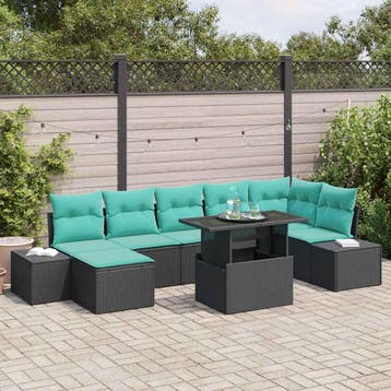 vidaXL Tuinbank Set 8 st Zwart en Blauw poly rattan, Tuin en Terras, Verzenden, Nieuw