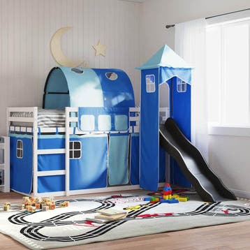 vidaXL Stapelbed met glijbaan en gordijnen blauw 90x200 cm, Verzenden