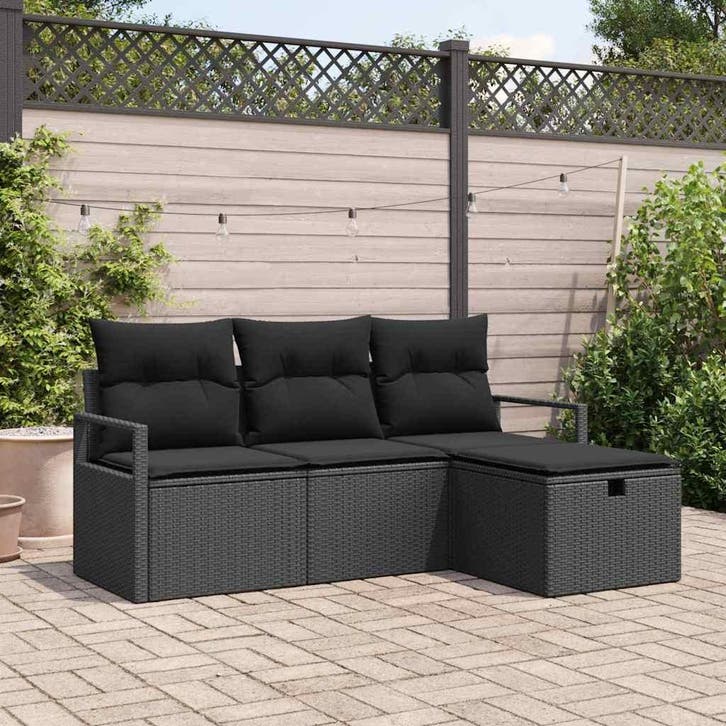 vidaXL Bankstel met kussen met opslag 4 pcs Zwart poly, Jardin & Terrasse, Ensembles de jardin, Envoi