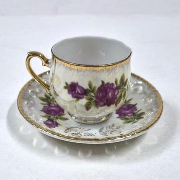 Vintage japans lustre kop en schotel met paarse rozen en, Verzenden, Nieuw