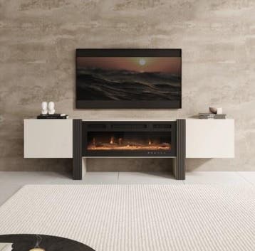 TM TV-Meubel met elektrische sfeerhaard beige 200x41x58 cm, Verzenden, Nieuw
