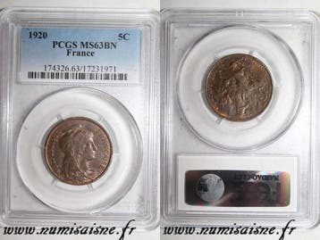 France Frankreich Km 842 5 Centimes 1920 Typ Dupuis Pcgs..., Postzegels en Munten, Verzenden, België