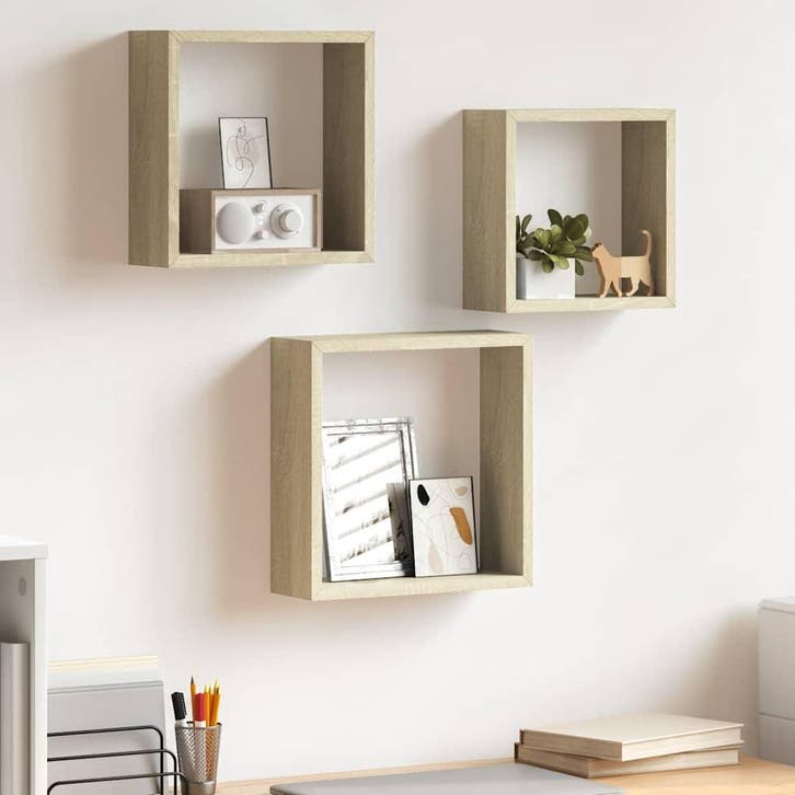 vidaXL Wandschappen kubus 3 st sonoma eikenkleurig, Huis en Inrichting, Kasten | Wandmeubels, Nieuw, Verzenden