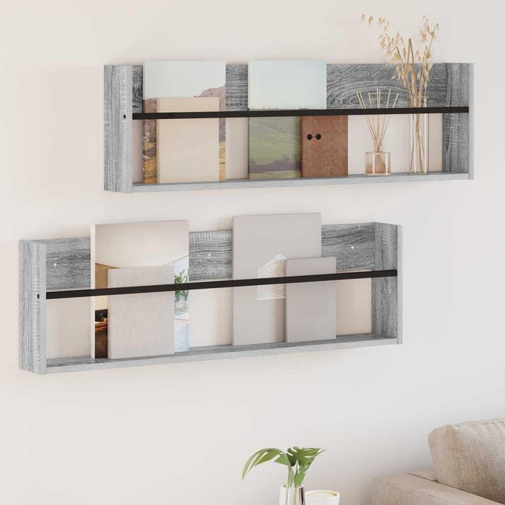 vidaXL Tijdschriftenrek met plank 2 st Grijs Sonoma 100 x 12, Maison & Meubles, Accessoires pour la Maison | Porte-journaux & Porte-revues