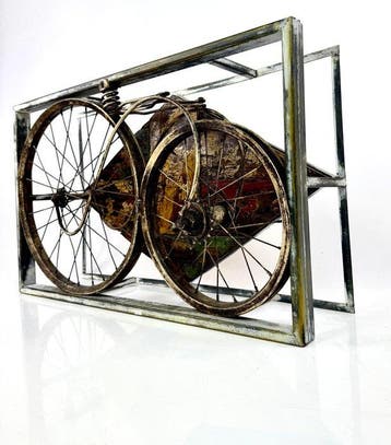 Assiette murale - Métal, Bois - Vélo steampunk en Italie, Antiquités & Art