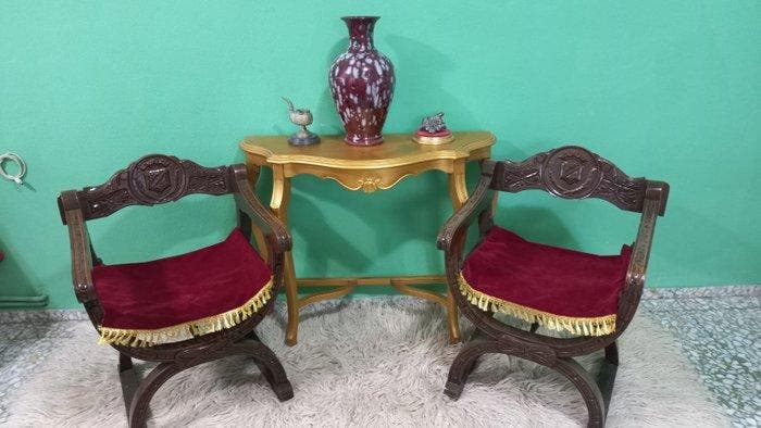 Stoel (2) - Jamuga - Walnoot, Lakleer - Paar jamugas, Antiquités & Art, Antiquités | Autres Antiquités