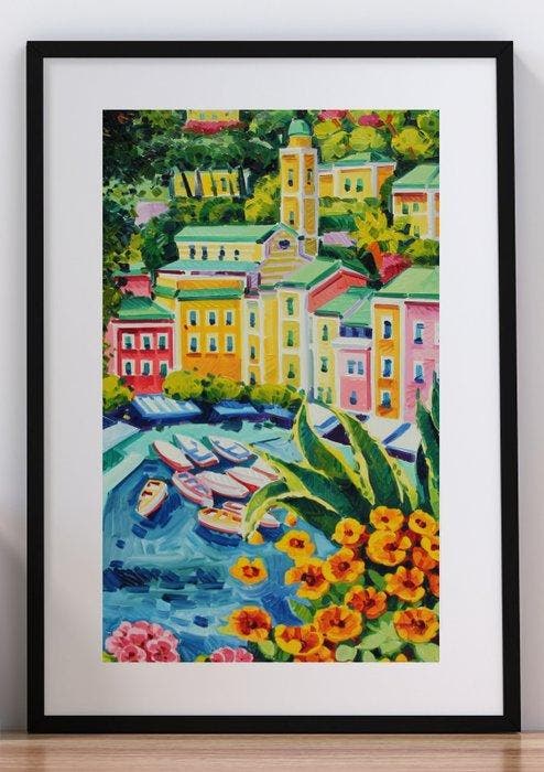 Athos Faccincani (1951) - Portofino con fiori gialli, Antiquités & Art, Art | Peinture | Moderne