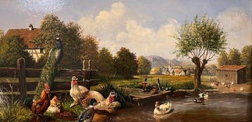 Jürgen Hempel “Hühnerhempel” - “Federvieh am Teich”, óleo