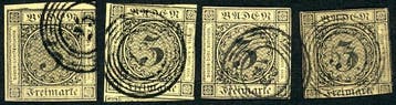 Baden 1851 - Gestempelde partij met 3 Kr., 6 Kr. en 9 Kr.,, Gestempeld