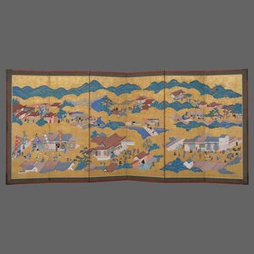 Byôbu  (vouwscherm) - Bladgoud, gelakt hout, zijde - Japan