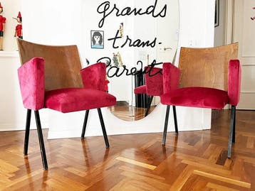 Fauteuil - Walnoot, Metaal, Hout, Fluweel - Paar, Antiek en Kunst