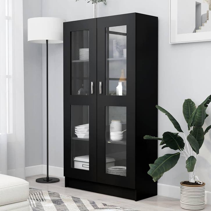 vidaXL Vitrinekast 82,5x30,5x150 cm bewerkt hout zwart, Huis en Inrichting, Kasten | Boekenkasten, Nieuw, Verzenden