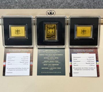 Tsjaad. 3000 Francs Lot 3 x 1/500 oz, Gold .999 (Zonder