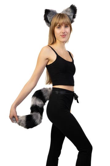 KIMU® Haarband Furry Oren Staart Set Grijs Zwart Strepen Mak, Ophalen of Verzenden, Nieuw