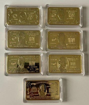 Collection historique de 7 lingots plaqués or 24 carats,
