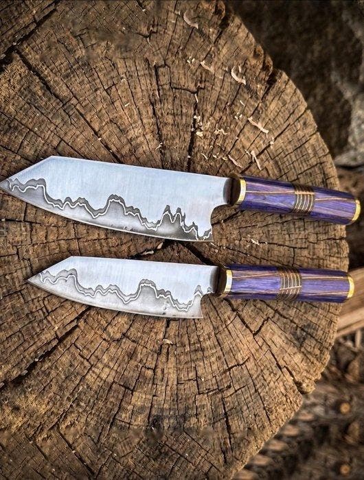 Chef Knife Hand Forged in Old Twisted Steel, Etching wavy, Antiek en Kunst, Antiek | Keukengerei